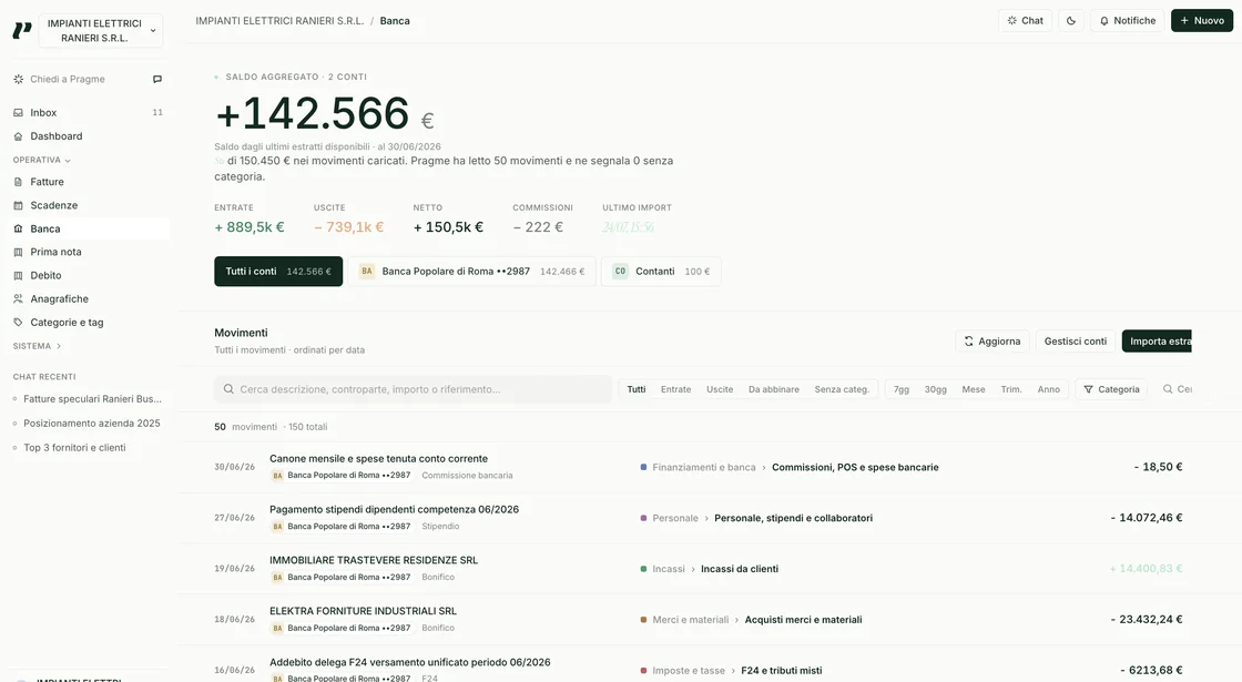 Vista Banca di Pragme: saldo aggregato su due conti e movimenti bancari già categorizzati.